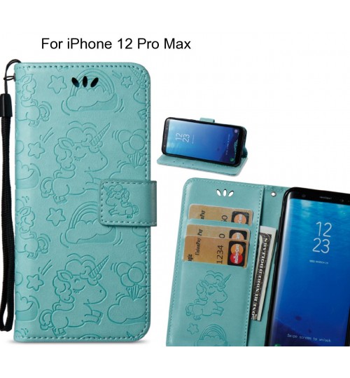 Iphone 12 Pro Max  Case Leather Wallet Case Embossed Unicon Pattern - Green