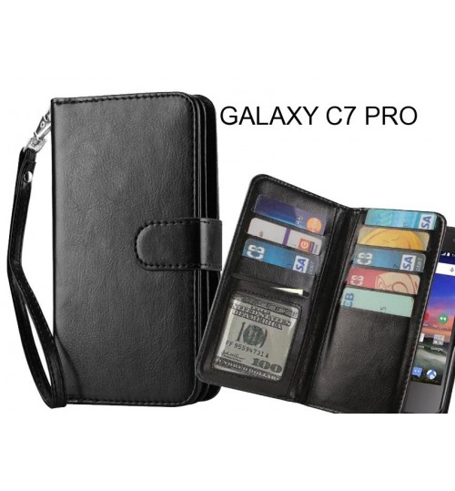 Galaxy C7 Pro Case Double Wallet Leather Case 9 Card Slots - Black