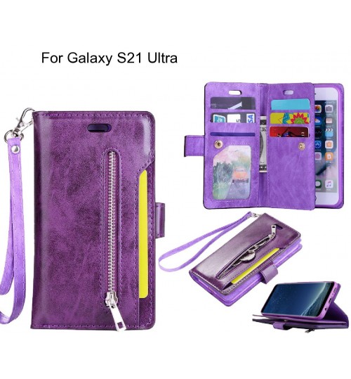 Galaxy S21 Ultra Case 10 Cards Slots Wallet Leather Case With Zip - Purple