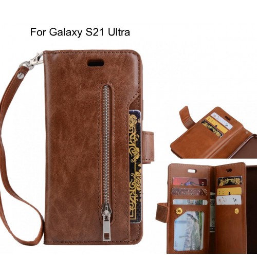 Galaxy S21 Ultra Case 10 Cards Slots Wallet Leather Case With Zip - Brown