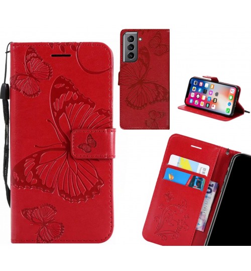 Galaxy S21 Case Embossed Butterfly Wallet Leather Case - Red