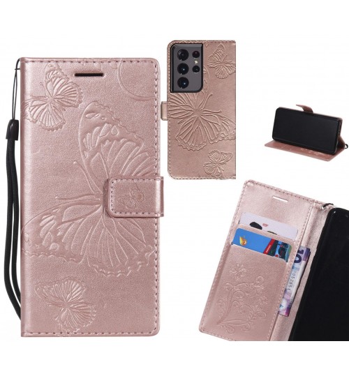 Galaxy S21 Ultra Case Embossed Butterfly Wallet Leather Case - Rose Gold