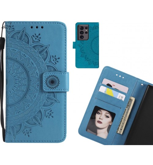 Galaxy S21 Ultra Case Mandala Embossed Leather Wallet Case - Blue