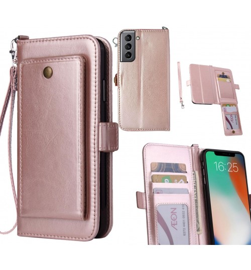 Galaxy S21 Case Retro Leather Wallet Case - Rose Gold