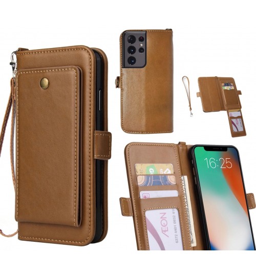 Galaxy S21 Ultra Case Retro Leather Wallet Case - Brown