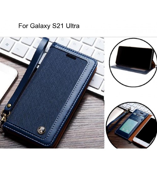 Galaxy S21 Ultra Case Wallet Denim Leather Case - Dark Blue