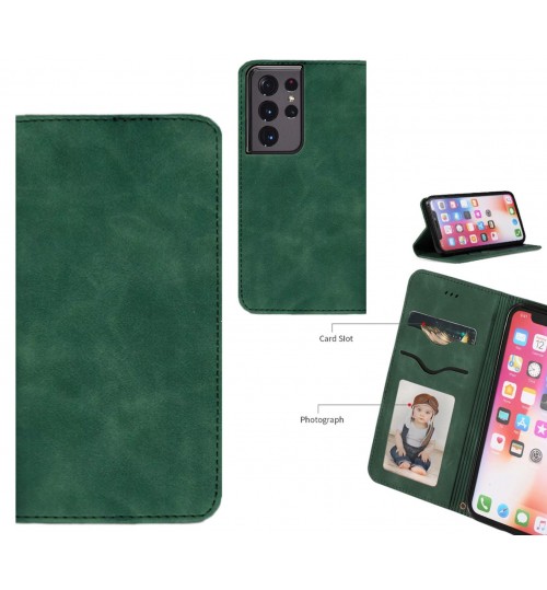 Galaxy S21 Ultra Case Premium Leather Magnetic Wallet Case - Green