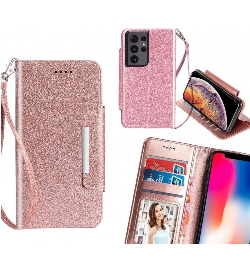 Galaxy S21 Ultra Case Glitter Wallet Case Id Wide Magnetic Closure - Pink