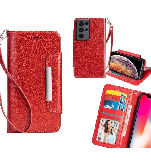 Galaxy S21 Ultra Case Glitter Wallet Case Id Wide Magnetic Closure - Red