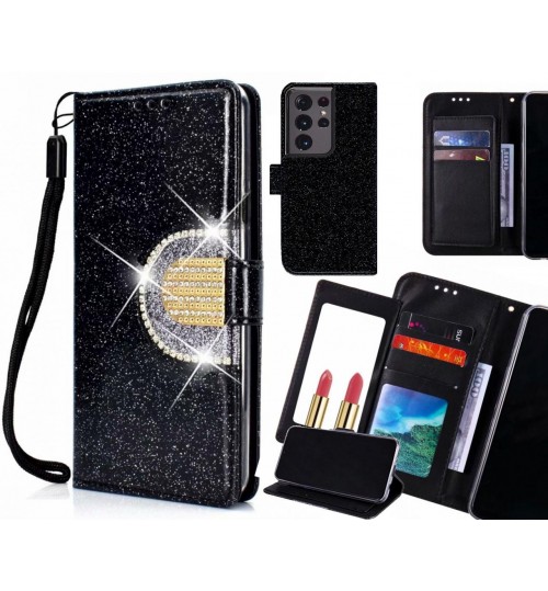 Galaxy S21 Ultra Case Glaring Wallet Leather Case With Mirror - Black