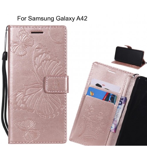 Samsung Galaxy A42 Case Embossed Butterfly Wallet Leather Case - Rose Gold