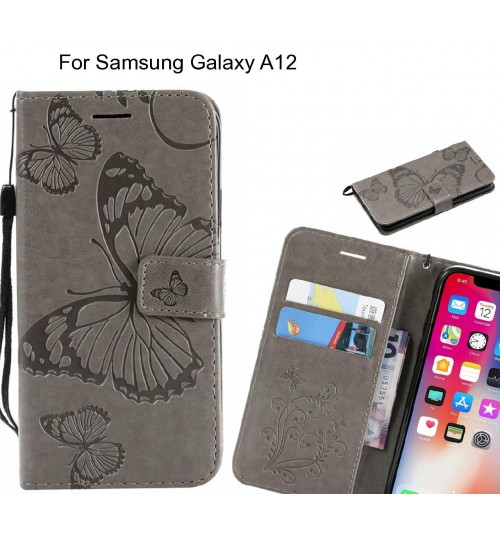 Samsung Galaxy A12 Case Embossed Butterfly Wallet Leather Case - Grey