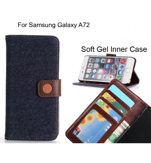 Samsung Galaxy A72  Case Ultra Slim Retro Jeans Wallet Case - Black