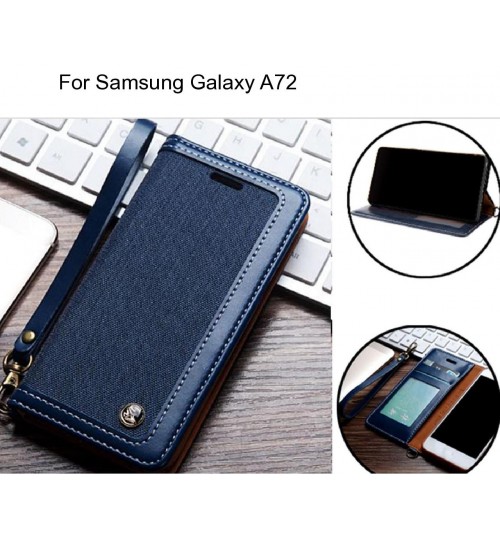 Samsung Galaxy A72 Case Wallet Denim Leather Case - Dark Blue