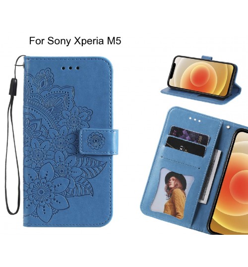 Sony Xperia M5 Case Embossed Floral Leather Wallet Case - Blue