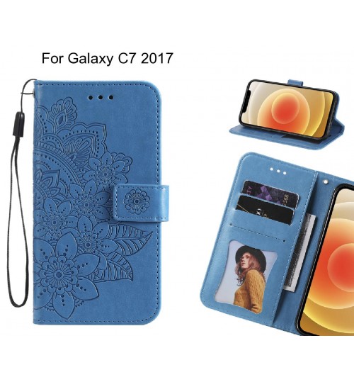 Galaxy C7 2017 Case Embossed Floral Leather Wallet Case - Blue