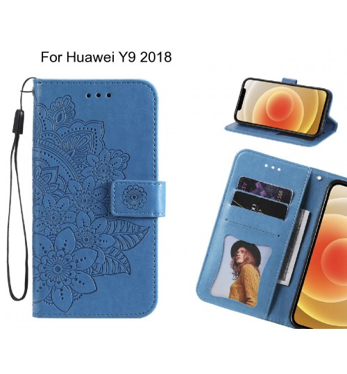 Huawei Y9 2018 Case Embossed Floral Leather Wallet Case - Blue