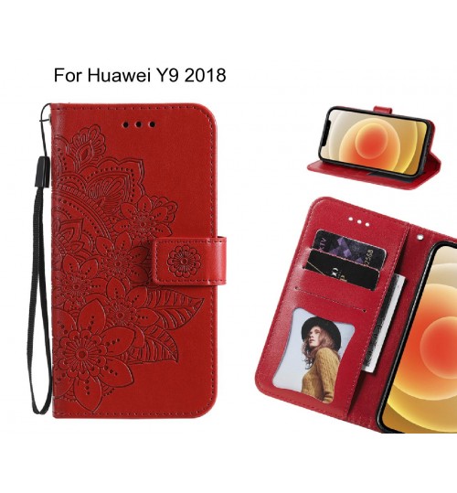 Huawei Y9 2018 Case Embossed Floral Leather Wallet Case - Red
