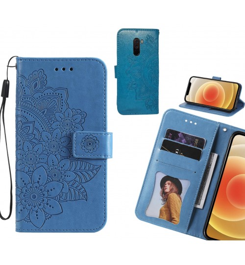 Xiaomi Pocophone F1 Case Embossed Floral Leather Wallet Case - Blue
