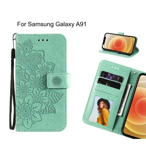 Samsung Galaxy A91 Case Embossed Floral Leather Wallet Case - Green