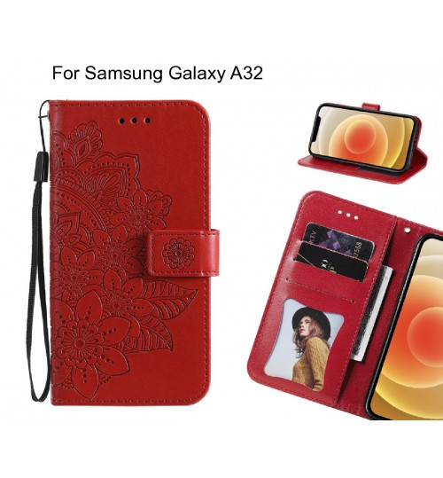 Samsung Galaxy A32 Case Embossed Floral Leather Wallet Case - Red