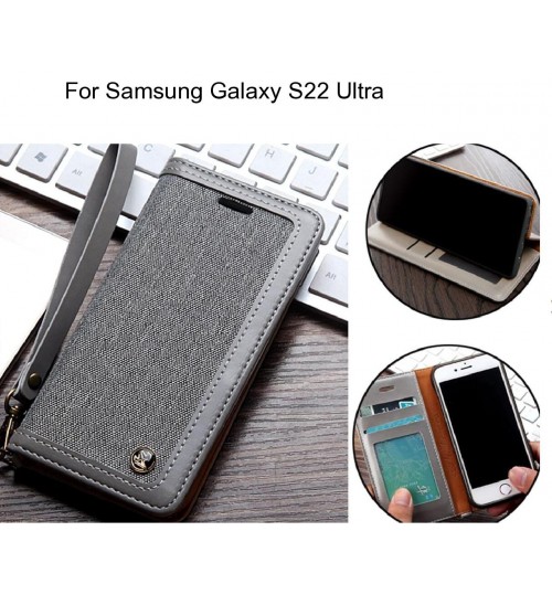 Samsung Galaxy S22 Ultra Case Wallet Denim Leather Case - Silver