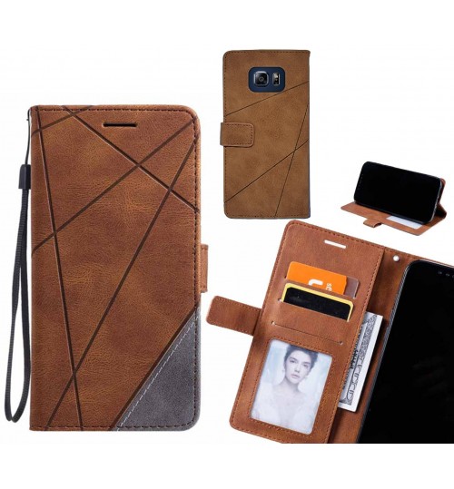 S6 Edge Plus Case Wallet Premium Denim Leather Cover - Brown