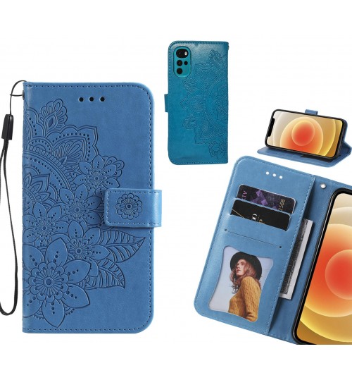 Moto G22 Case Embossed Floral Leather Wallet Case - Blue