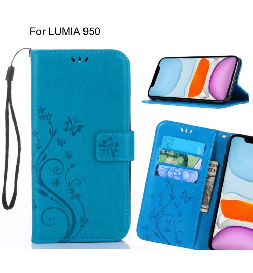 Lumia 950 Case Embossed Butterfly Wallet Leather Cover - Blue
