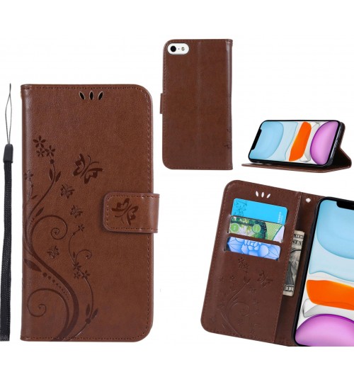 Iphone 5 Case Embossed Butterfly Wallet Leather Cover - Brown