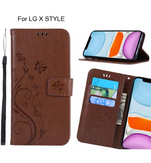Lg X Style Case Embossed Butterfly Wallet Leather Cover - Brown