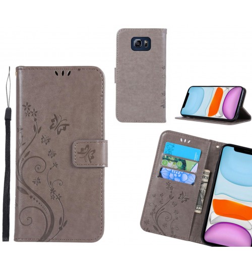 S6 Edge Plus Case Embossed Butterfly Wallet Leather Cover - Grey