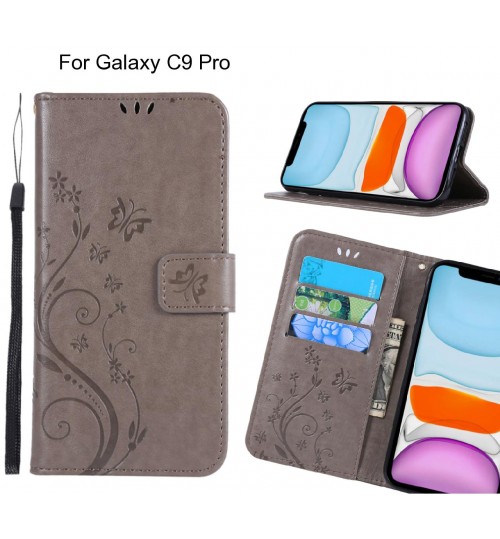 Galaxy C9 Pro Case Embossed Butterfly Wallet Leather Cover - Grey