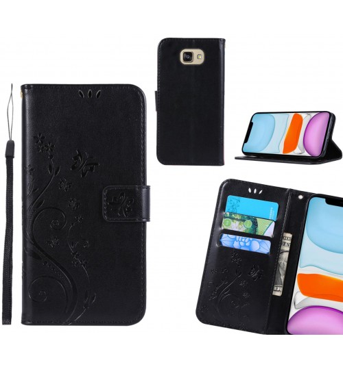 Galaxy A5 2016 Case Embossed Butterfly Wallet Leather Cover - Black