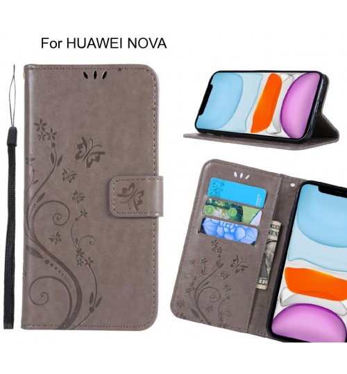 Huawei Nova Case Embossed Butterfly Wallet Leather Cover - Grey