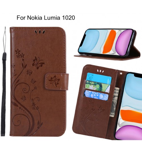 Nokia Lumia 1020 Case Embossed Butterfly Wallet Leather Cover - Brown
