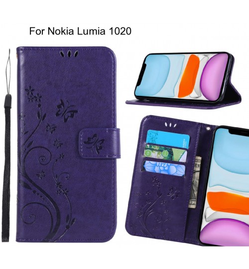 Nokia Lumia 1020 Case Embossed Butterfly Wallet Leather Cover - Purple