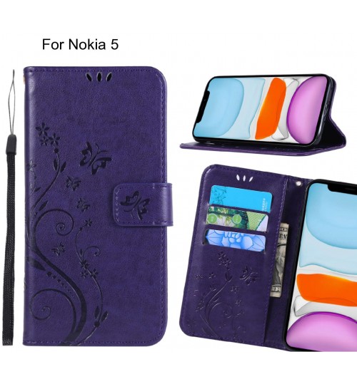 Nokia 5 Case Embossed Butterfly Wallet Leather Cover - Purple