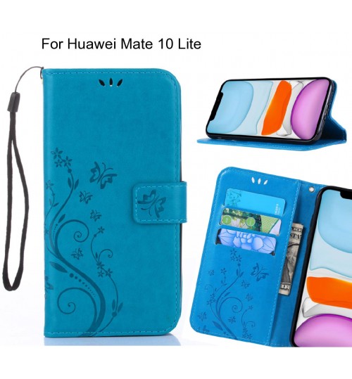 Huawei Mate 10 Lite Case Embossed Butterfly Wallet Leather Cover - Blue