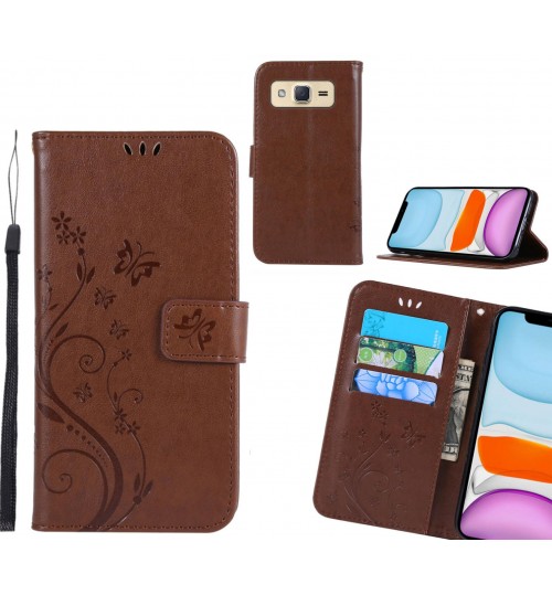 Galaxy J2 Case Embossed Butterfly Wallet Leather Cover - Brown
