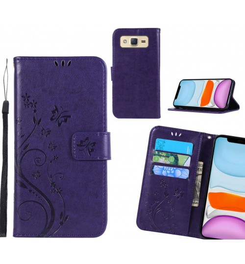 Galaxy J2 Case Embossed Butterfly Wallet Leather Cover - Purple