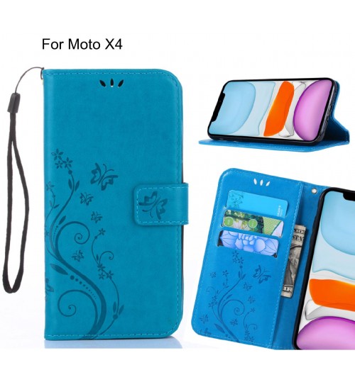 Moto X4 Case Embossed Butterfly Wallet Leather Cover - Blue