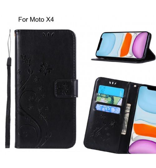 Moto X4 Case Embossed Butterfly Wallet Leather Cover - Black