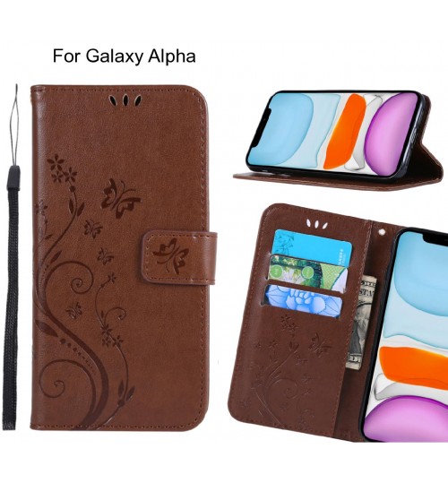 Galaxy Alpha Case Embossed Butterfly Wallet Leather Cover - Brown