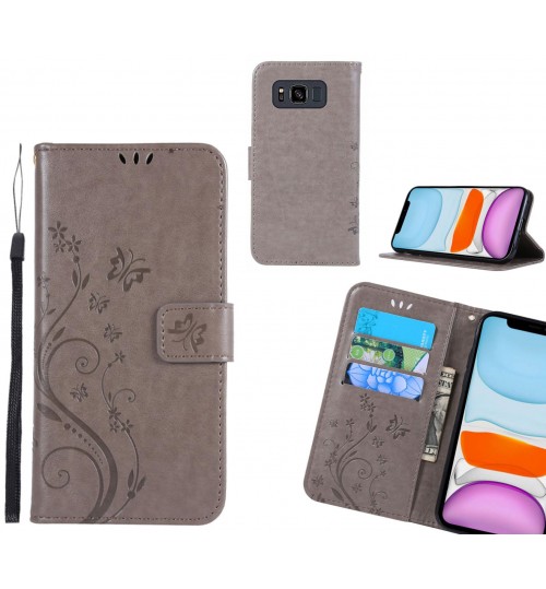 Galaxy S8 Active Case Embossed Butterfly Wallet Leather Cover - Grey