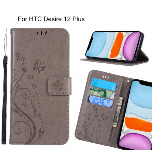 Htc Desire 12 Plus Case Embossed Butterfly Wallet Leather Cover - Grey