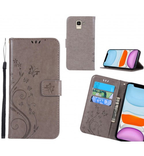 Galaxy J6 Case Embossed Butterfly Wallet Leather Cover - Grey