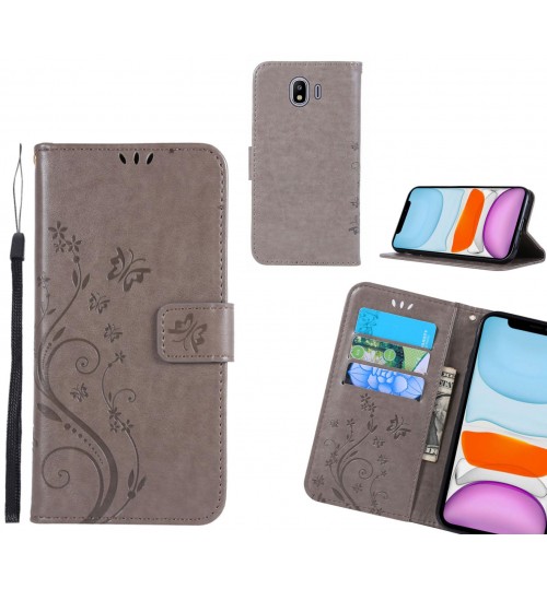 Galaxy J4 Case Embossed Butterfly Wallet Leather Cover - Grey