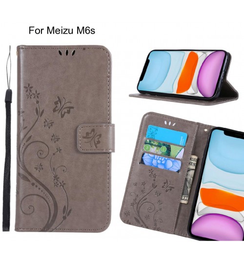 Meizu M6s Case Embossed Butterfly Wallet Leather Cover - Grey