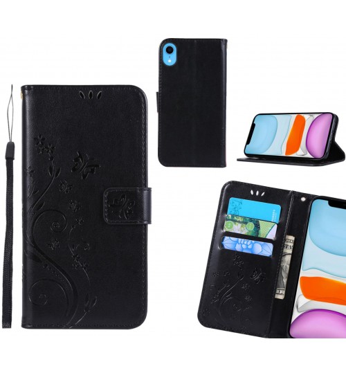 Iphone Xr Case Embossed Butterfly Wallet Leather Cover - Black